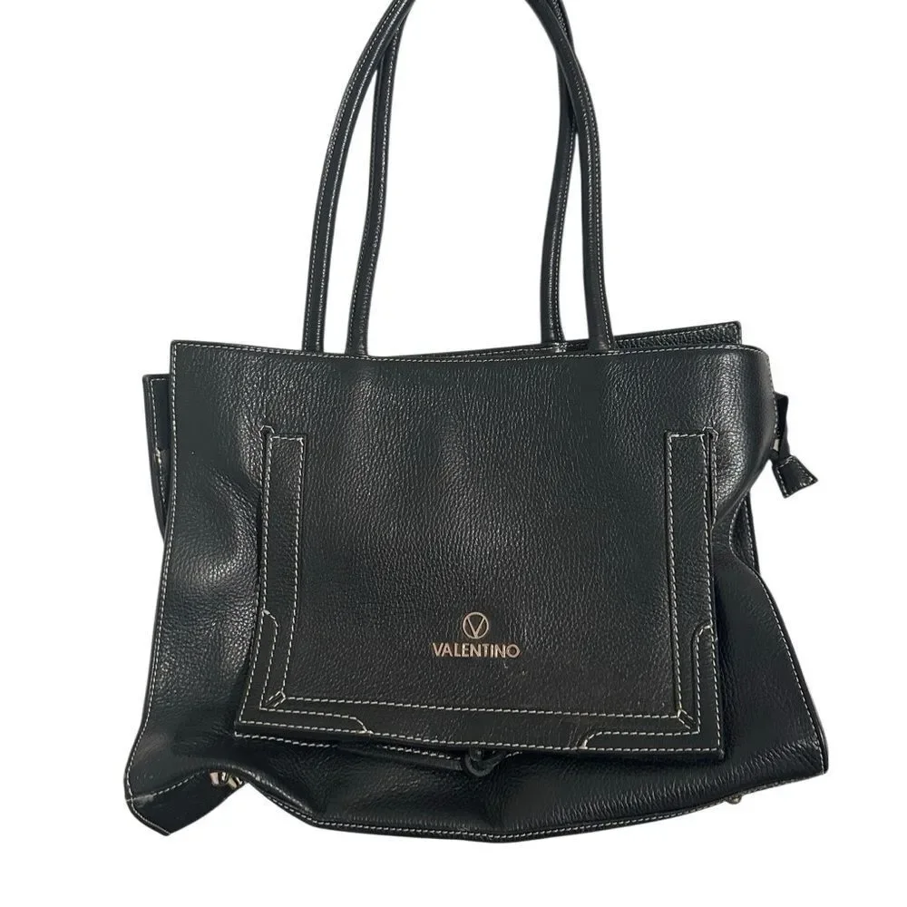 Valentino Black Leather Tote with Stitch Detail